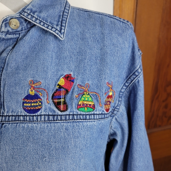 Womens Solutions Casualwear Christmas Denim Long Sleeve Button Front Size Med - Picture 6 of 10